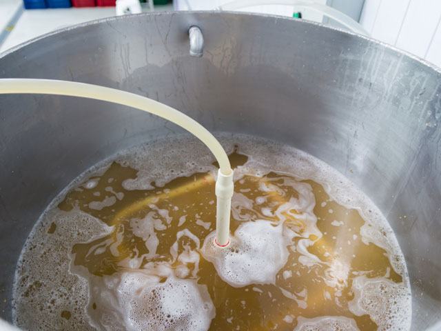 A homebrewer boiling wort in their kitchen