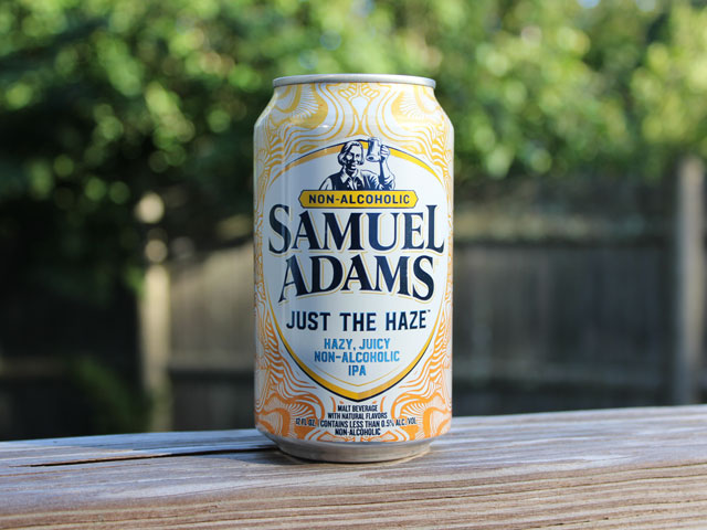 Just The Haze, a Hazy, Juicy Non-Alcoholic IPA brewed by Samuel Adams Brewery