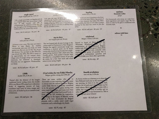 A menu of beers served in the taproom