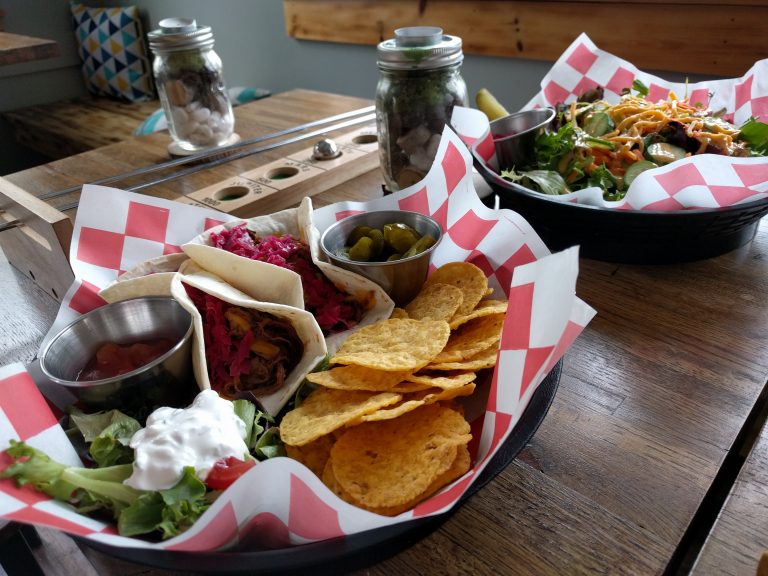 Burnt Timber Brewing brisket tacos and house salad