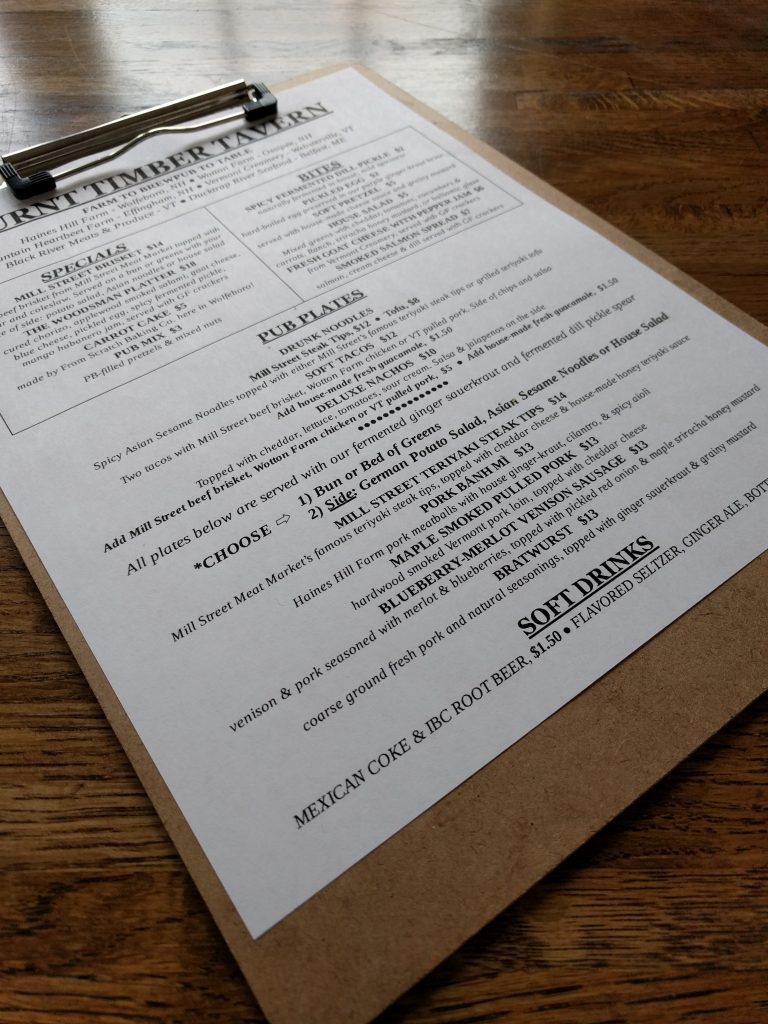 Burnt Timber Brewing and Tavern food menu