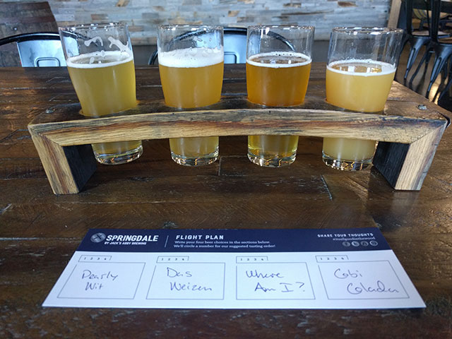 A flight of beer at the Springdale Barrel Room