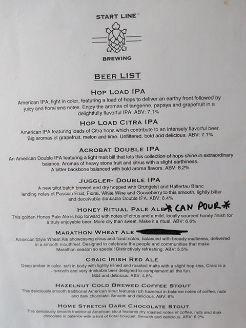 A list of beers brewed by Start Line Brewing in Hopkinton, MA