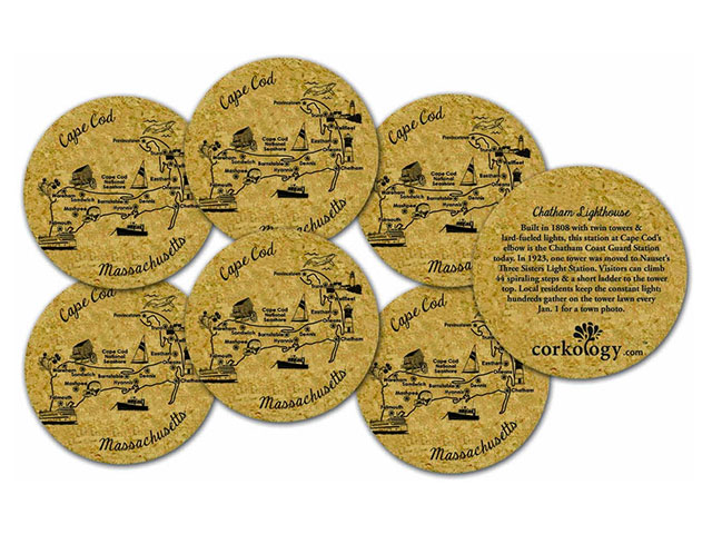 A set of beer coasters that are Cape Cod themed.