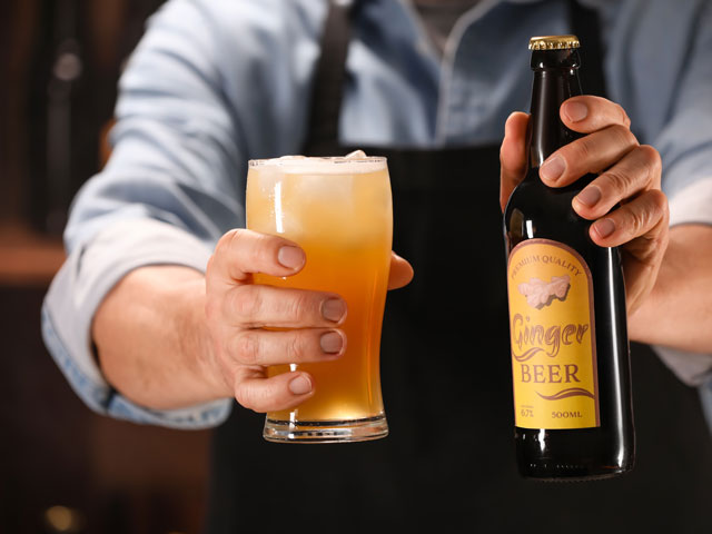 A bottle of ginger beer freshly poured into a beer mug from a bartender