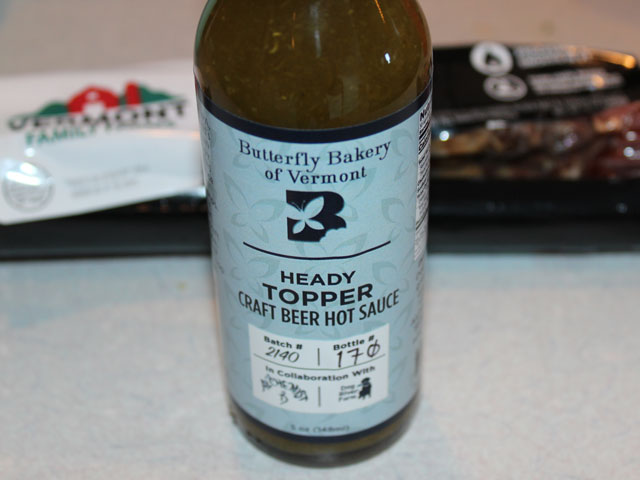 A bottle of Heady Topper craft beer hot sauce made by Butterfly Bakery of Vermont
