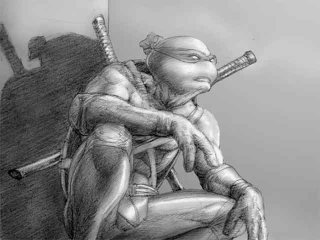 A black and white sketch of Teenage Mutant Ninja Turtle Leonardo