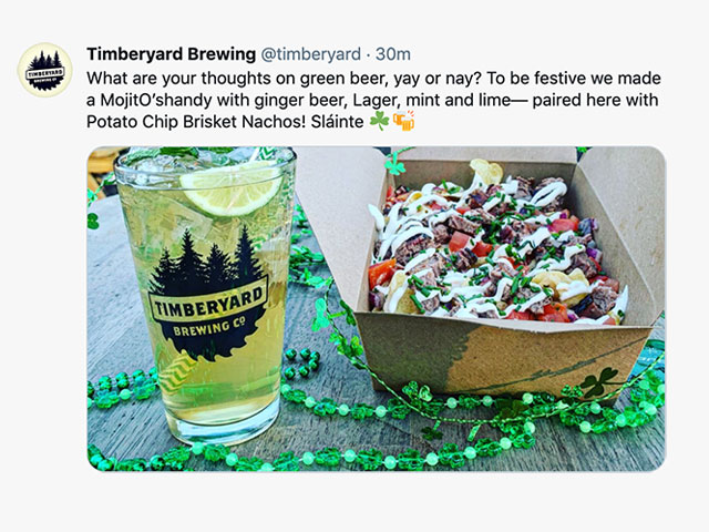 A tweet from Timberyard Brewing Company in East Brookfield, MA about their green beer