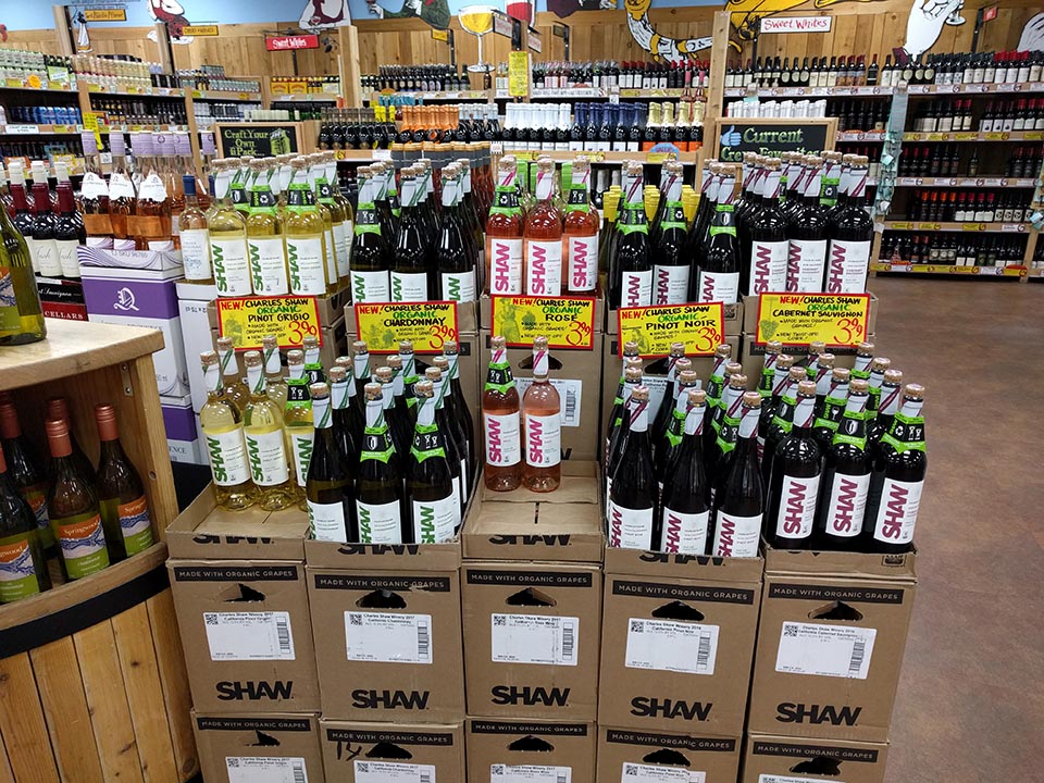 Two buck chuck (Charles Shaw) wine display at Trader Joe's