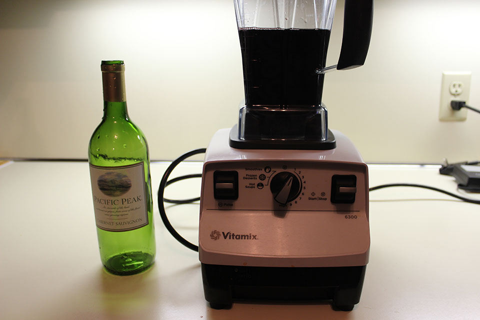 Vitamix Blender and a bottle of Charles Shaw Wine waiting to be hyperdecanted