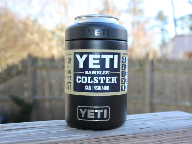 A 12oz Yeti Rambler, a metal can koozie